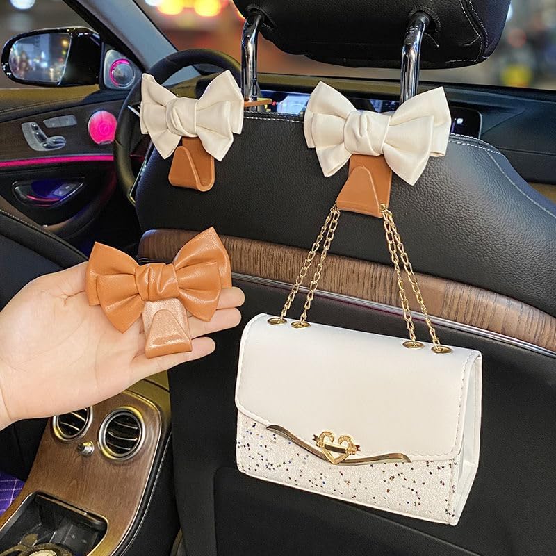 LIFOPY 2 Pack Car Purse Hooks, Cute Bow Car Seat Headrest Hook Hanger for Purses and Bags, Space-Saving Car Accessory (White brown) - Image 3